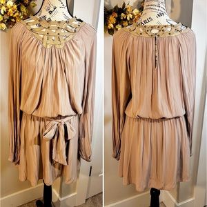 RAMY BROOK Bateau  Cut Out Neckline Gathered Pleat Waist Tie Mini Dress Sz M